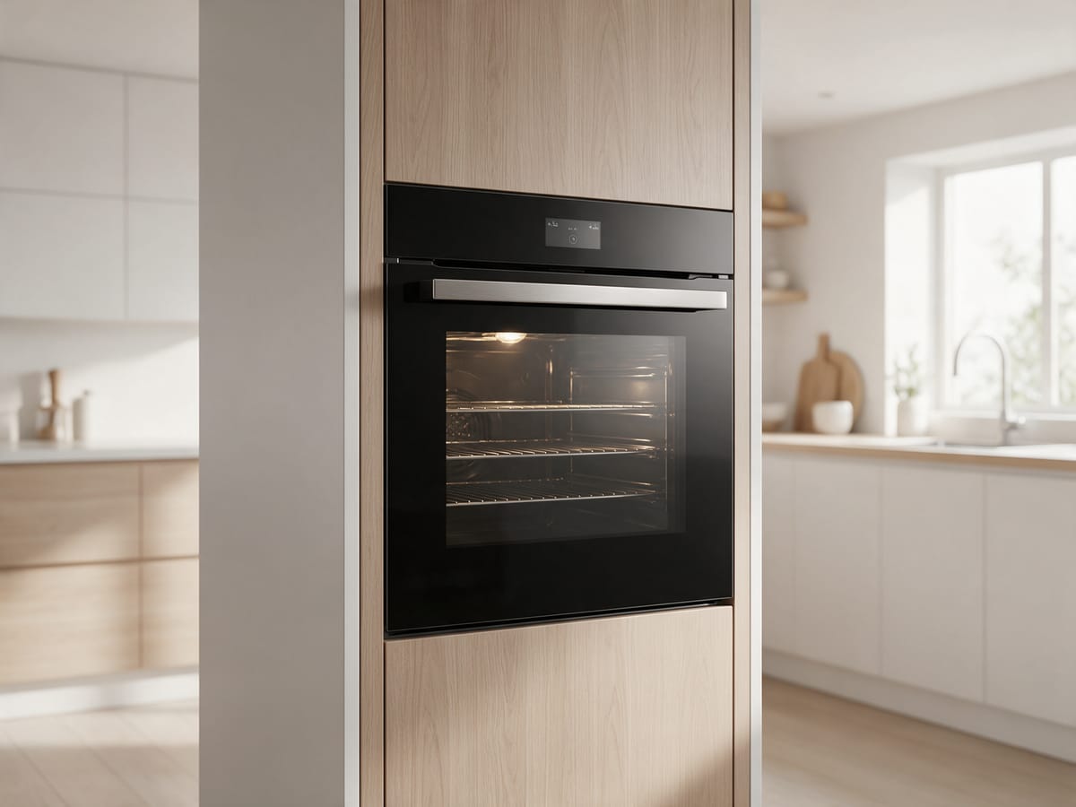 Forno elétrico de embutir com porta de vidro preto em cozinha planejada