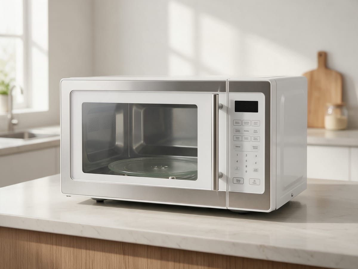 Micro-ondas de bancada com prato giratório em cozinha clara