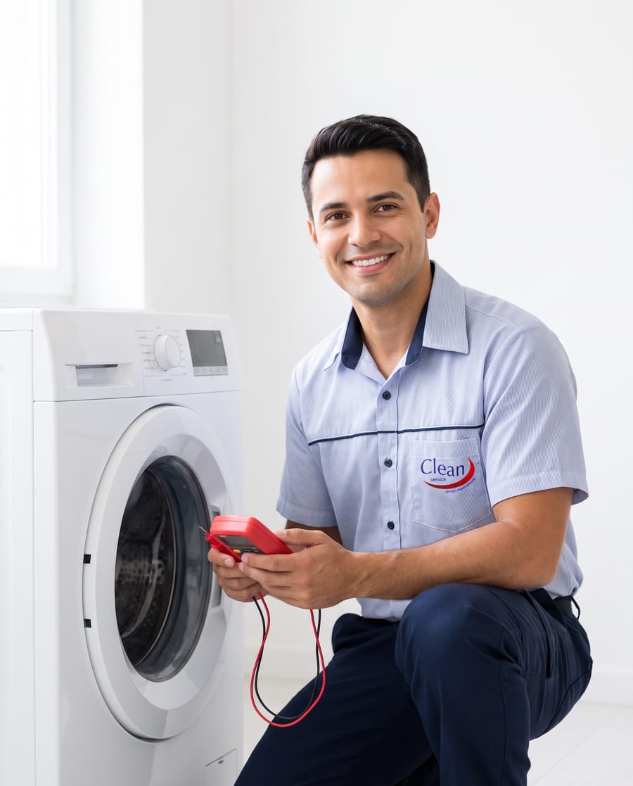 Técnico da Clean Service com uniforme da empresa e multímetro ao lado de uma lava e seca